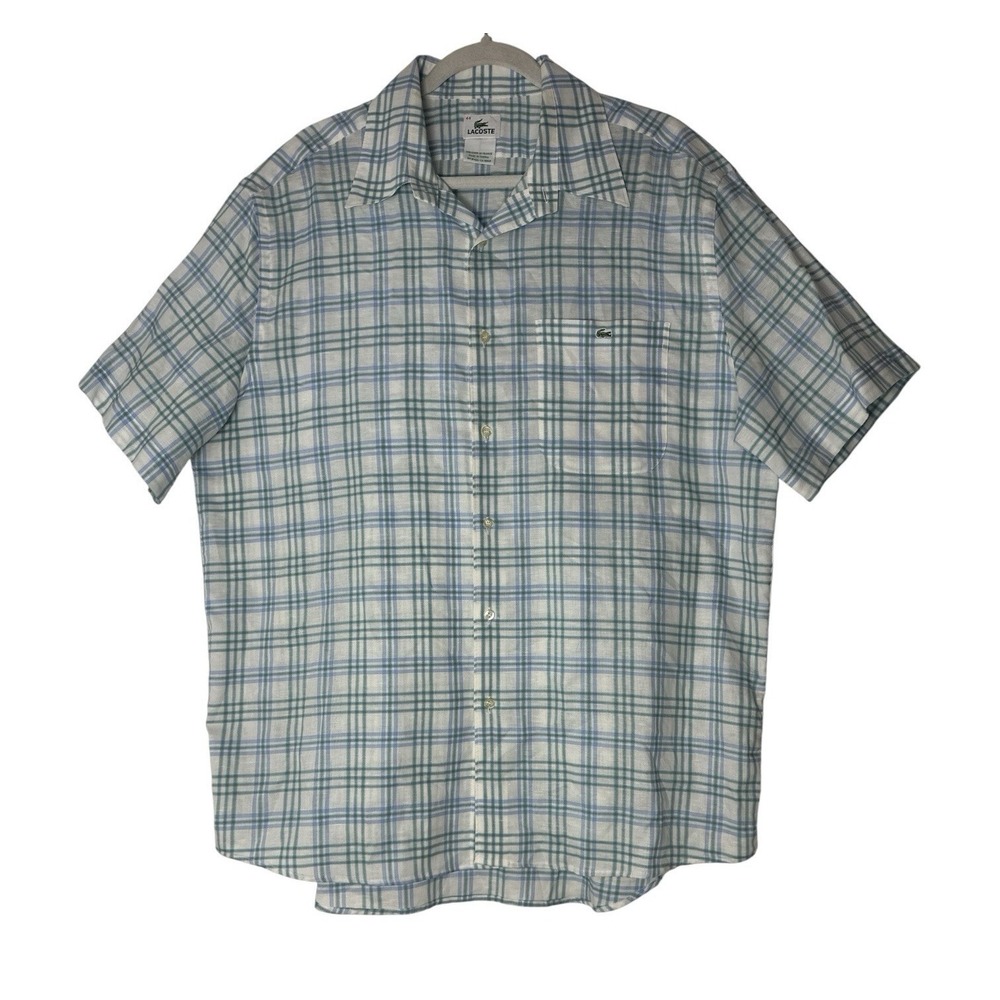 Lacoste Linen Shirt Mens Size 44 Plaid Short Sleeve Button Front Embroidered